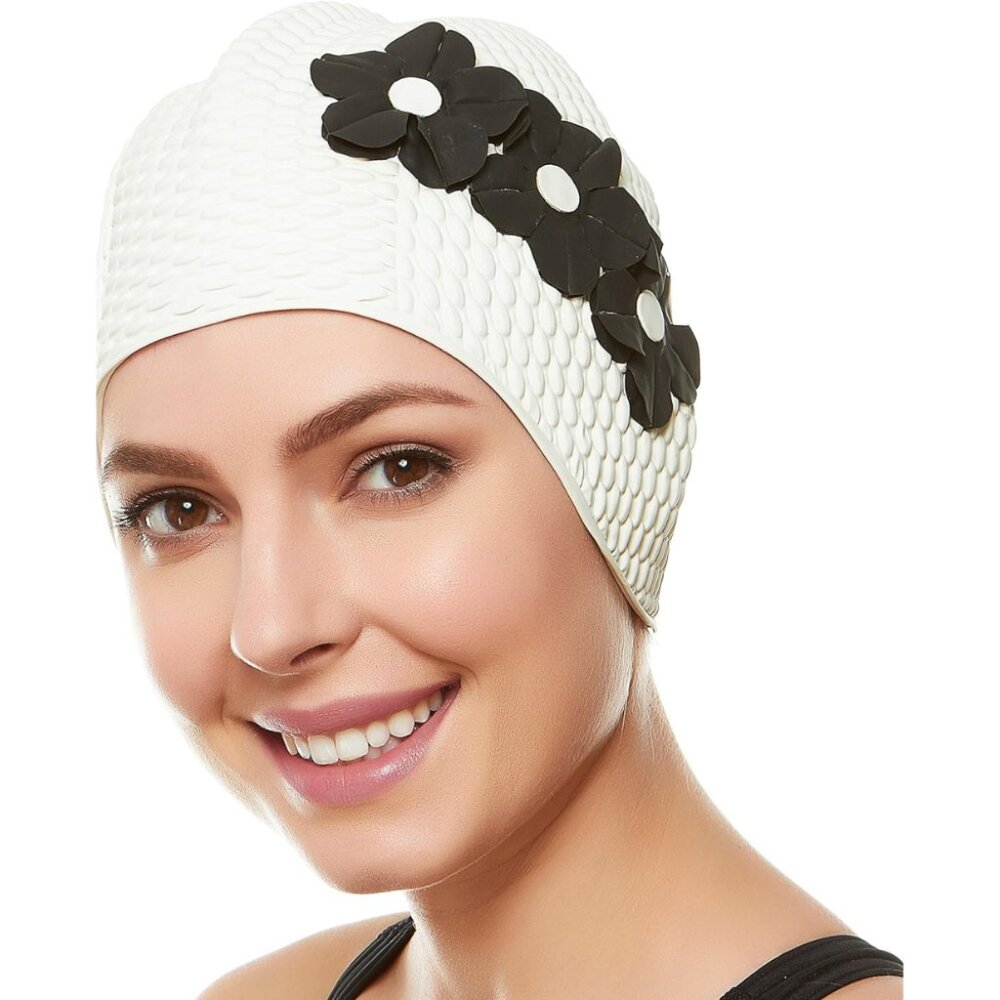 Beemo Latex Swimming Cap for Women Shield Hair from Damage - White/Black Flowers